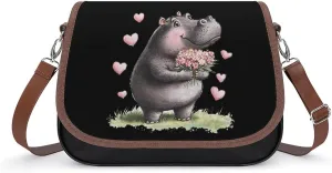 Cute Hippopotamus Flowers Crossbody Bags for Women Shoulder Bag Flap Handbags Leather Cross Body Purse