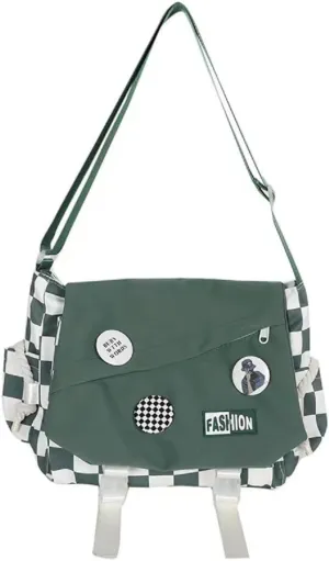 Cute Messenger Bag Casual Checkered Crossbody Bag for Women Men Aesthetic Bag with Pins Shoulder Bag Tote Purse