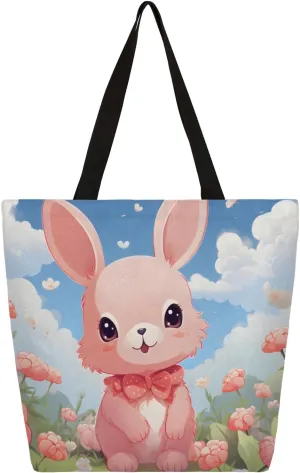 Cute Rabbit Flowers Large Capacity Canvas Tote Bag Stylish Handheld Shoulder Bag Reusable Shopping Bag for Work Travel Beach Trips Shopping