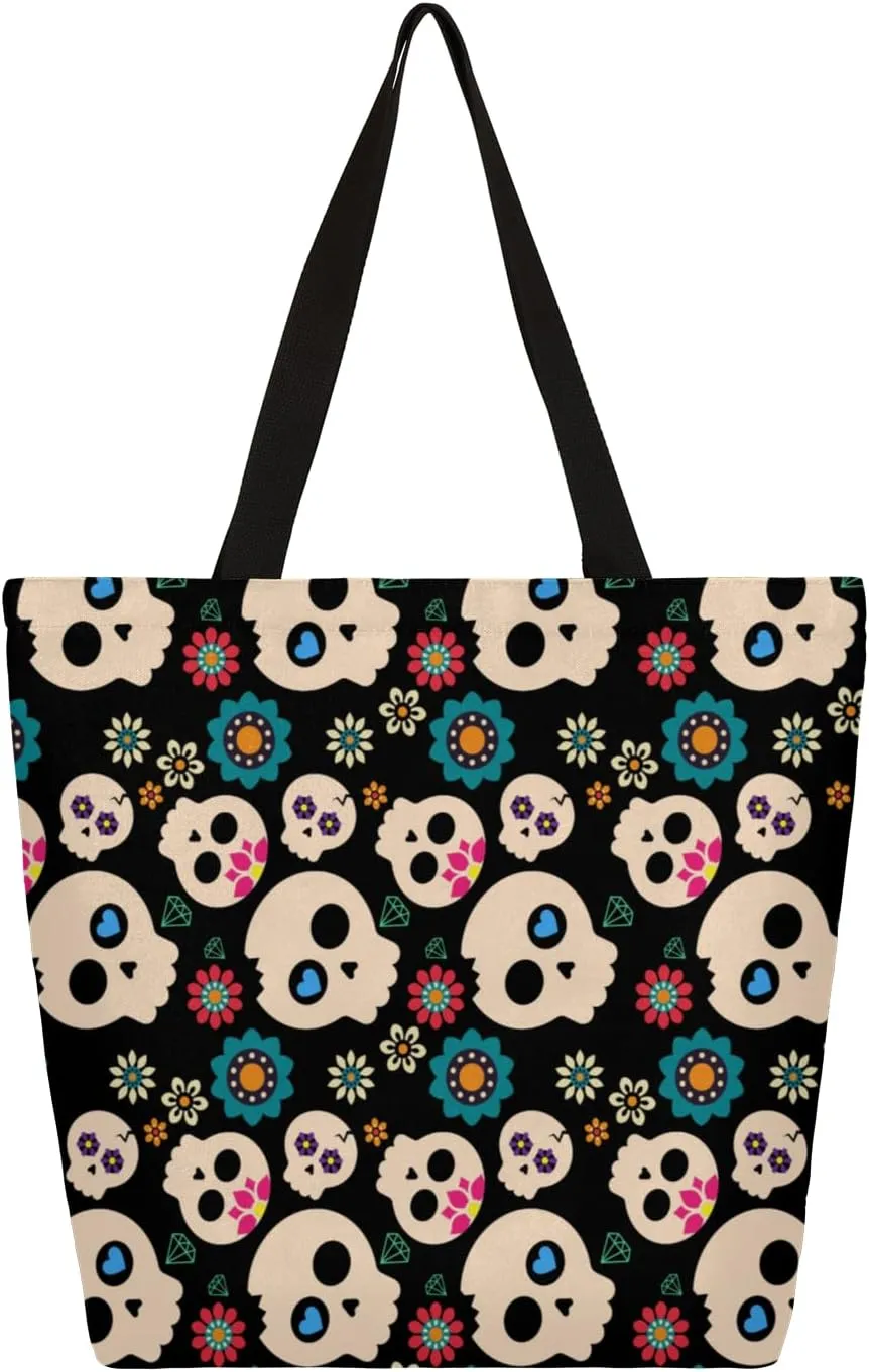 Cute Skulls Flowers Large Capacity Canvas Tote Bag Stylish Handheld Shoulder Bag Reusable Shopping Bag for Work Travel Beach Trips Shopping