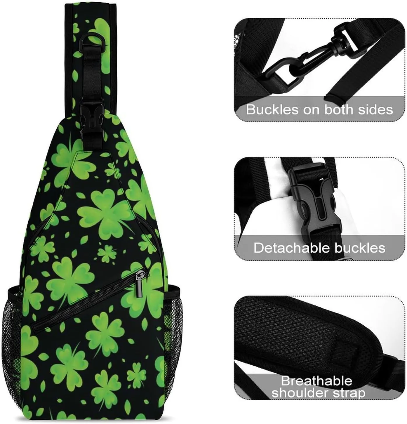 Cute Sling Bag Backpack, Backpacking, for St Patricks Day Green Shamrock Clover Leaf Grass Crossbody Rope Rucksack, Camera Case, Gym Crossbody Sack Satchel Outdoor Hiking Bag for Men Women