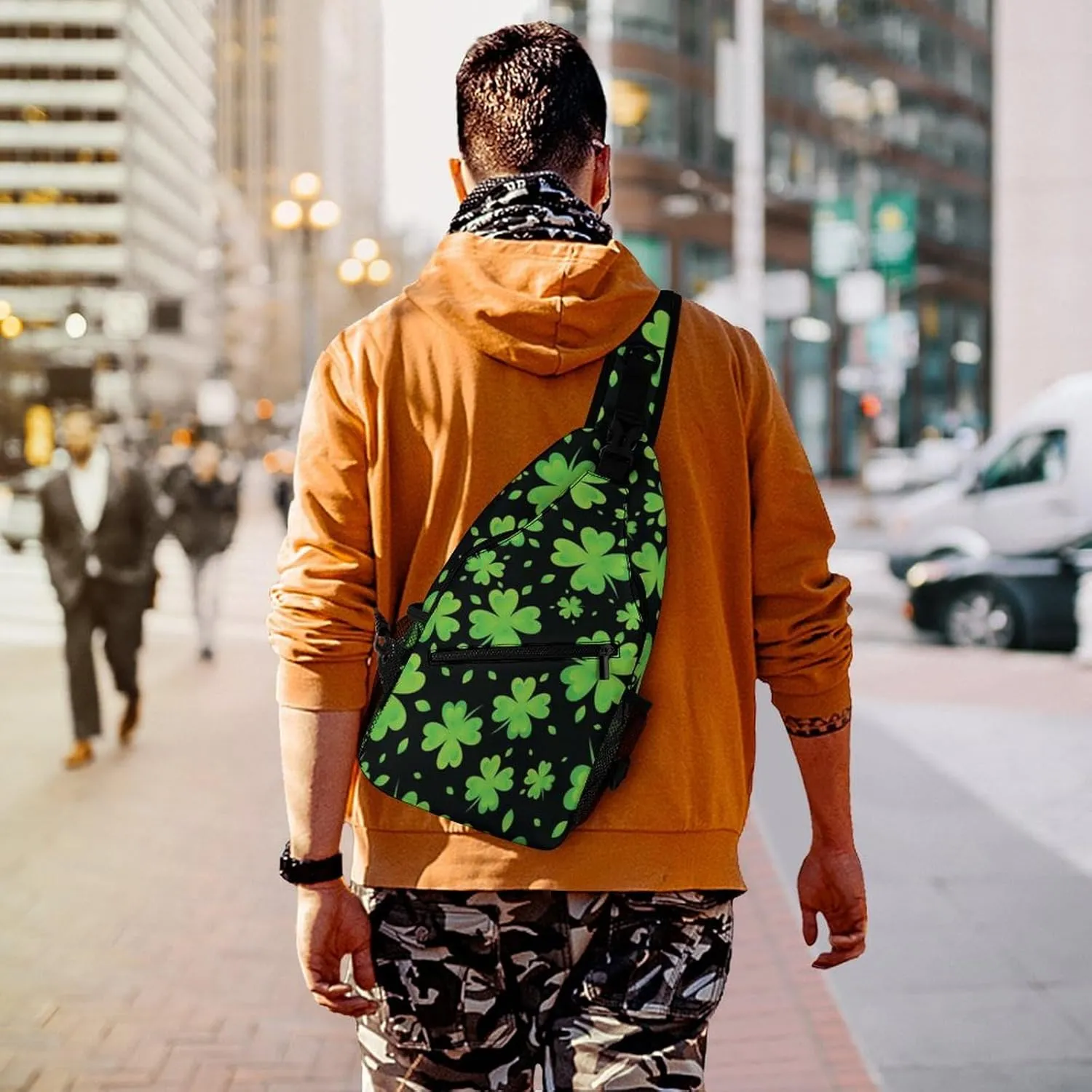Cute Sling Bag Backpack, Backpacking, for St Patricks Day Green Shamrock Clover Leaf Grass Crossbody Rope Rucksack, Camera Case, Gym Crossbody Sack Satchel Outdoor Hiking Bag for Men Women