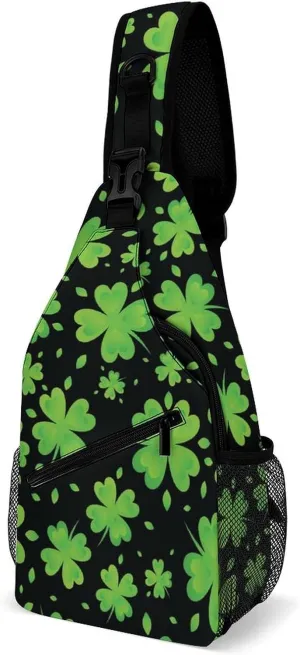 Cute Sling Bag Backpack, Backpacking, for St Patricks Day Green Shamrock Clover Leaf Grass Crossbody Rope Rucksack, Camera Case, Gym Crossbody Sack Satchel Outdoor Hiking Bag for Men Women
