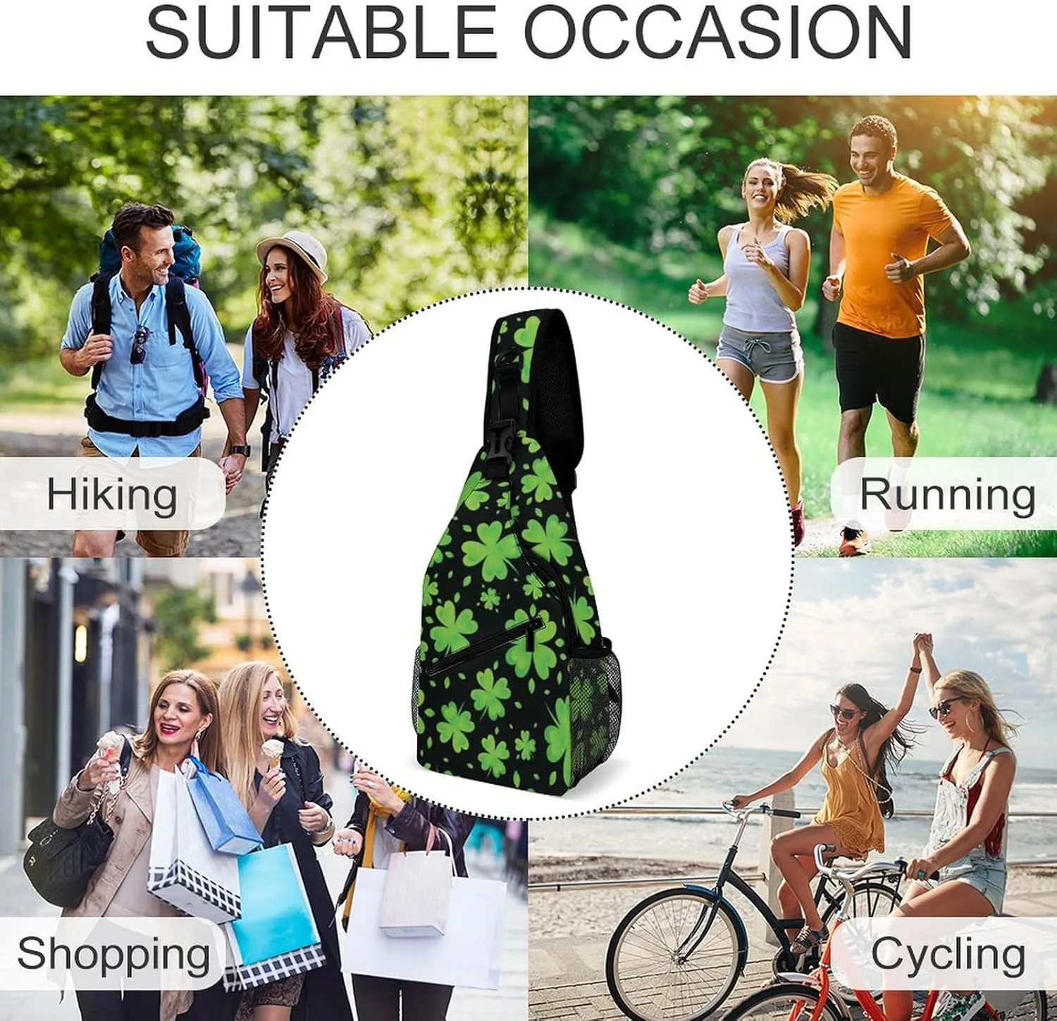 Cute Sling Bag Backpack, Backpacking, for St Patricks Day Green Shamrock Clover Leaf Grass Crossbody Rope Rucksack, Camera Case, Gym Crossbody Sack Satchel Outdoor Hiking Bag for Men Women