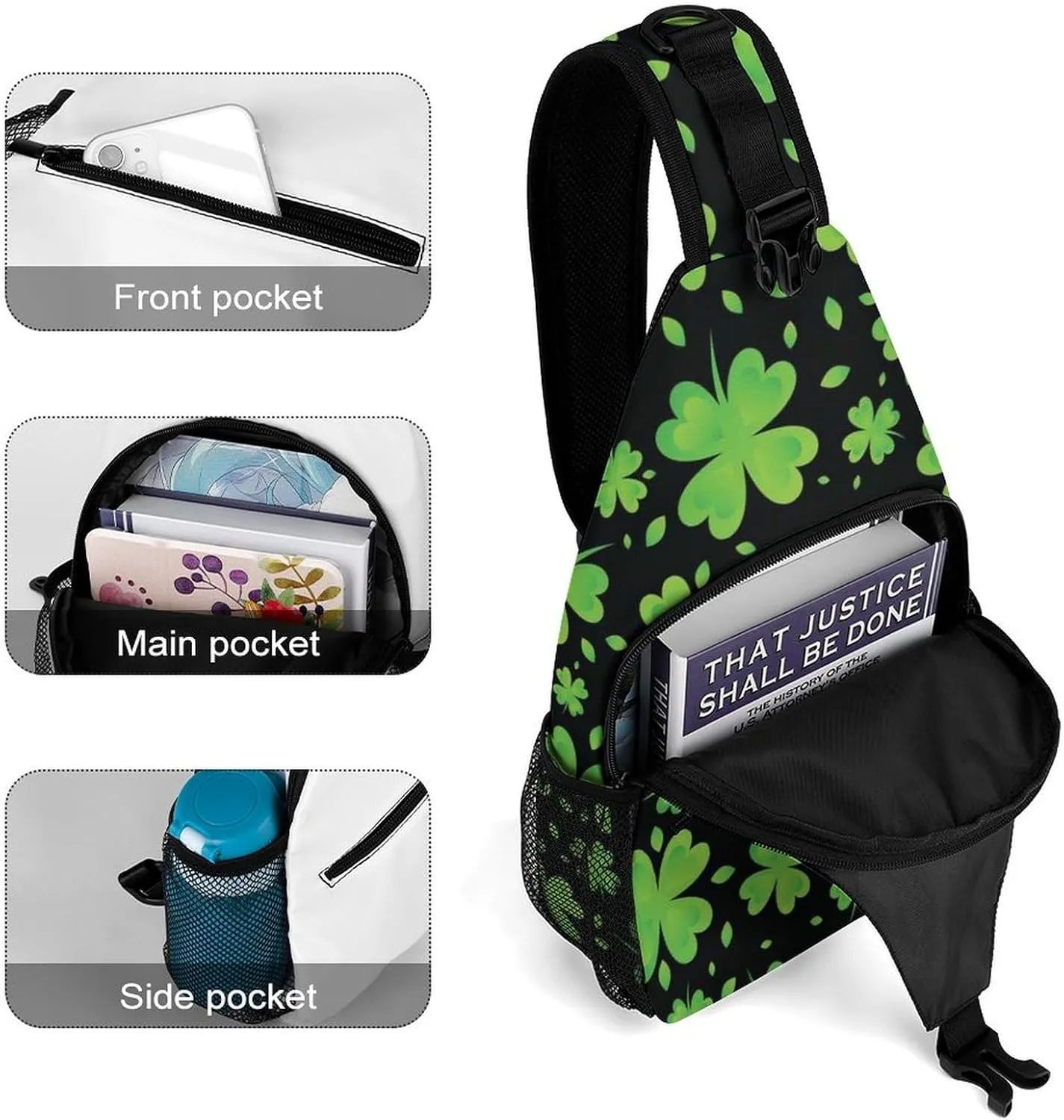 Cute Sling Bag Backpack, Backpacking, for St Patricks Day Green Shamrock Clover Leaf Grass Crossbody Rope Rucksack, Camera Case, Gym Crossbody Sack Satchel Outdoor Hiking Bag for Men Women