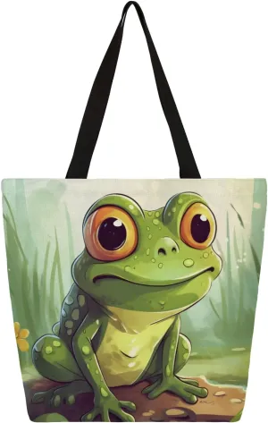 Cute Watercolor Frog Pond Large Capacity Canvas Tote Bag Stylish Handheld Shoulder Bag Reusable Shopping Bag for Work Travel Beach Trips Shopping
