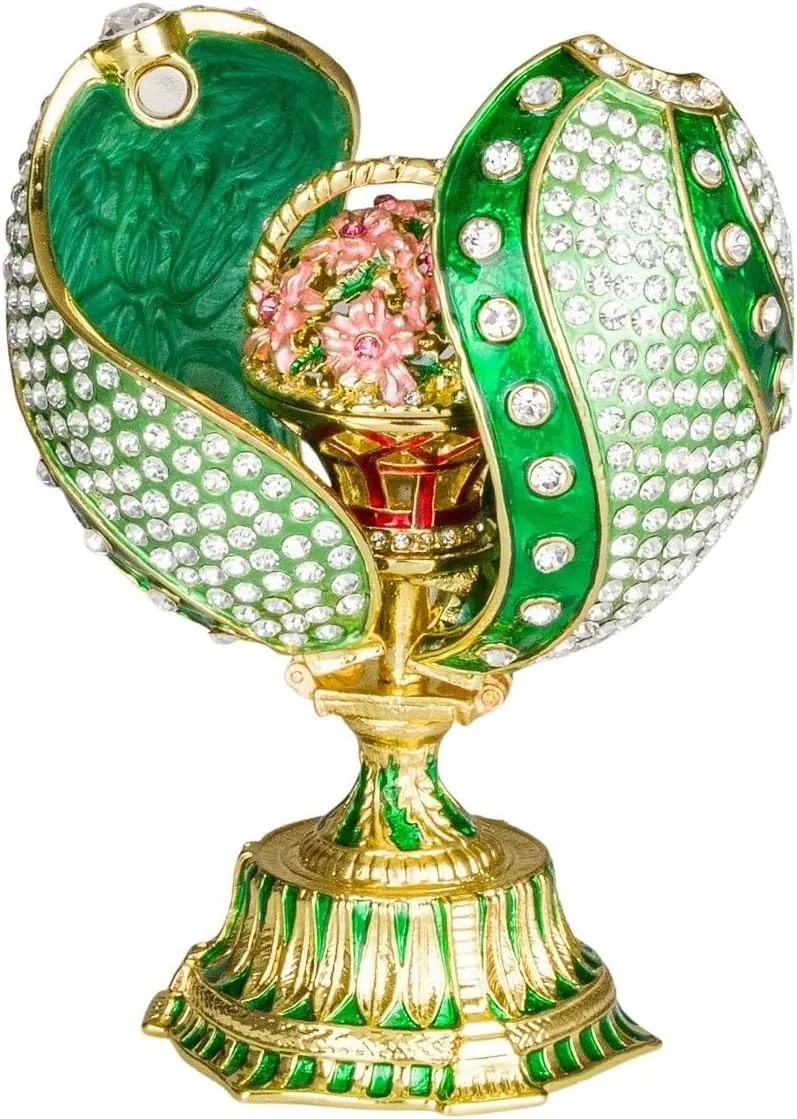 danila-souvenirs Faberge style Twisted Egg Trinket jewel box with Basket of Flowers 4.8'' (12 cm) green