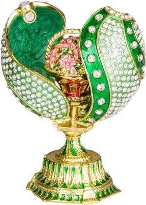 danila-souvenirs Faberge style Twisted Egg Trinket jewel box with Basket of Flowers 4.8'' (12 cm) green