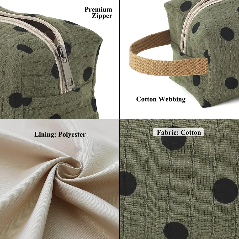 Dark Green Cotton Travel Makeup Bag with Dot Print – Small Cosmetic Zipper Pouch for Women and Girls, On-the-Go Toiletry and Makeup Organizer
