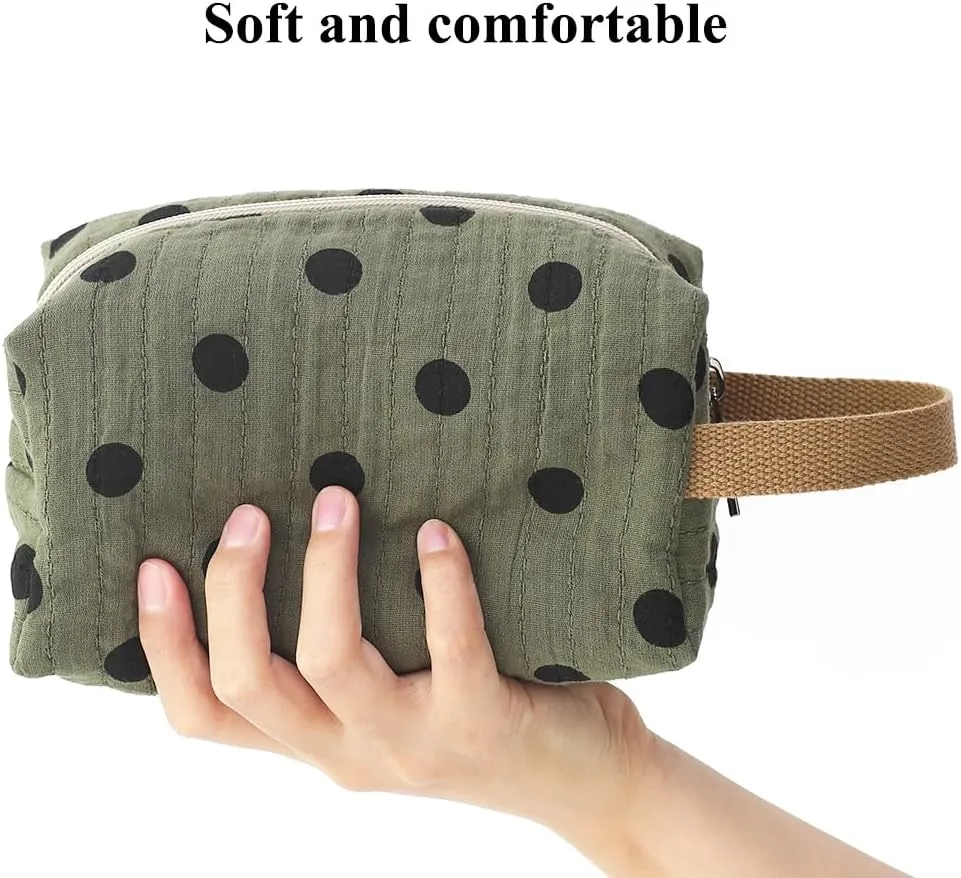 Dark Green Cotton Travel Makeup Bag with Dot Print – Small Cosmetic Zipper Pouch for Women and Girls, On-the-Go Toiletry and Makeup Organizer
