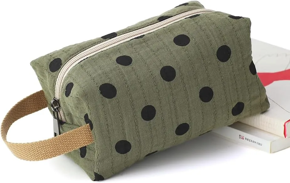 Dark Green Cotton Travel Makeup Bag with Dot Print – Small Cosmetic Zipper Pouch for Women and Girls, On-the-Go Toiletry and Makeup Organizer