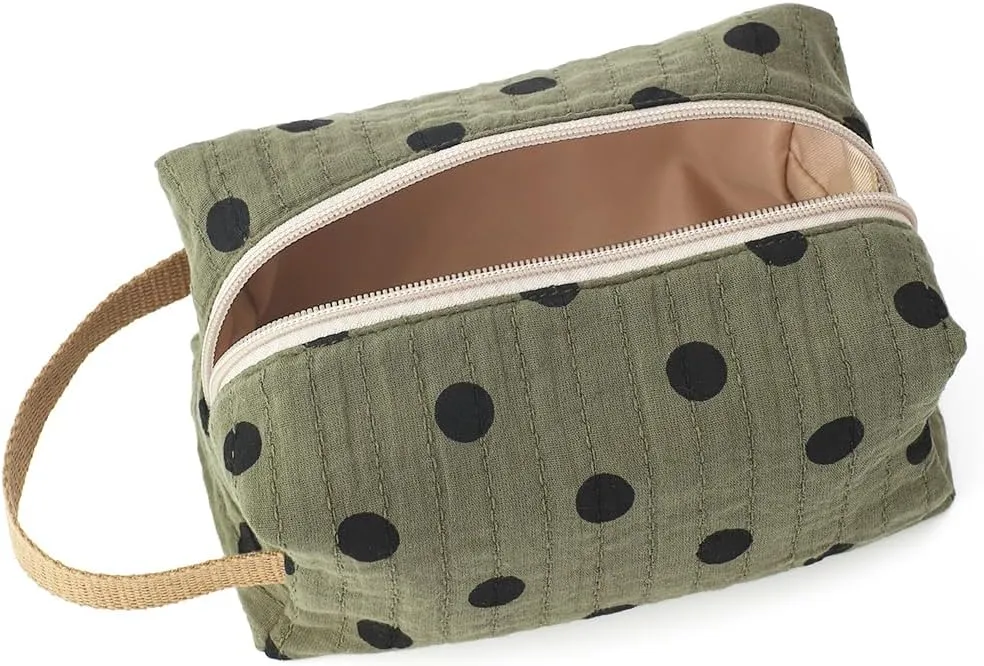 Dark Green Cotton Travel Makeup Bag with Dot Print – Small Cosmetic Zipper Pouch for Women and Girls, On-the-Go Toiletry and Makeup Organizer