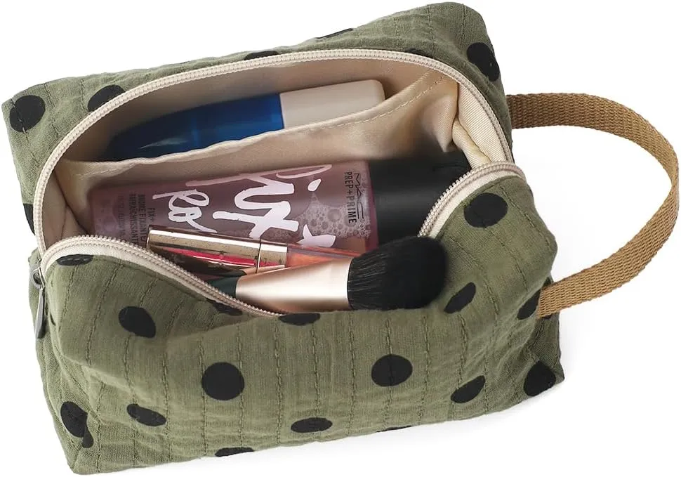 Dark Green Cotton Travel Makeup Bag with Dot Print – Small Cosmetic Zipper Pouch for Women and Girls, On-the-Go Toiletry and Makeup Organizer
