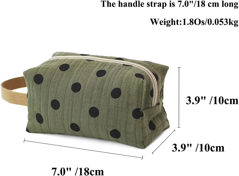 Dark Green Cotton Travel Makeup Bag with Dot Print – Small Cosmetic Zipper Pouch for Women and Girls, On-the-Go Toiletry and Makeup Organizer