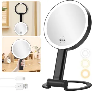 DECLUTTR Magnifying Mirror with Light, Lighted Makeup Mirror with 10X/1X Magnification, Rechargeable Travel Makeup Mirror with Lights, 3 Color Lighting, Dimmable Touch Screen, Black