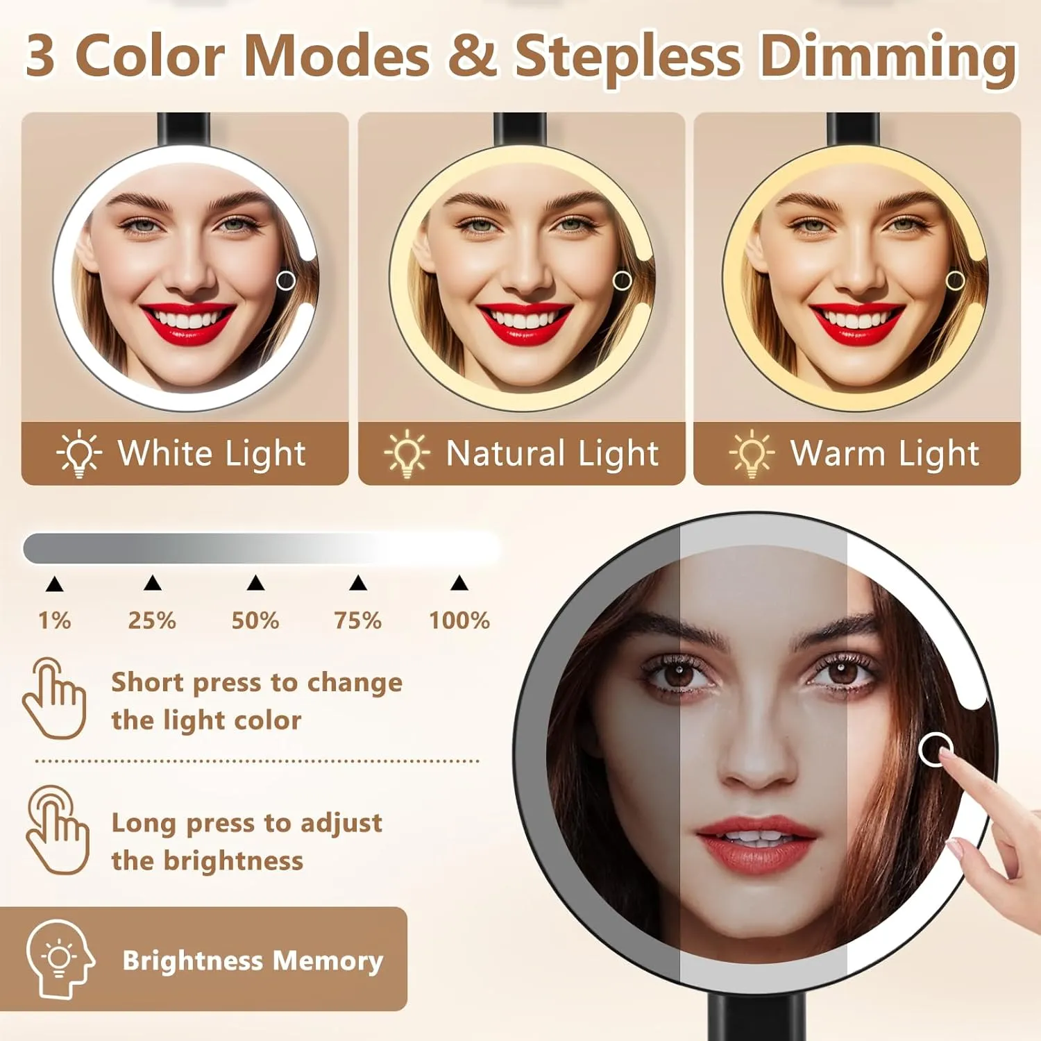 DECLUTTR Magnifying Mirror with Light, Lighted Makeup Mirror with 10X/1X Magnification, Rechargeable Travel Makeup Mirror with Lights, 3 Color Lighting, Dimmable Touch Screen, Black