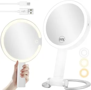 DECLUTTR Travel Makeup Mirror with Lights, Rechargeable Double-Sided 10X/1X Magnifying Mirror, 3 Color Lighting, Dimmable Touch Screen, White Handheld Mirror with Handle