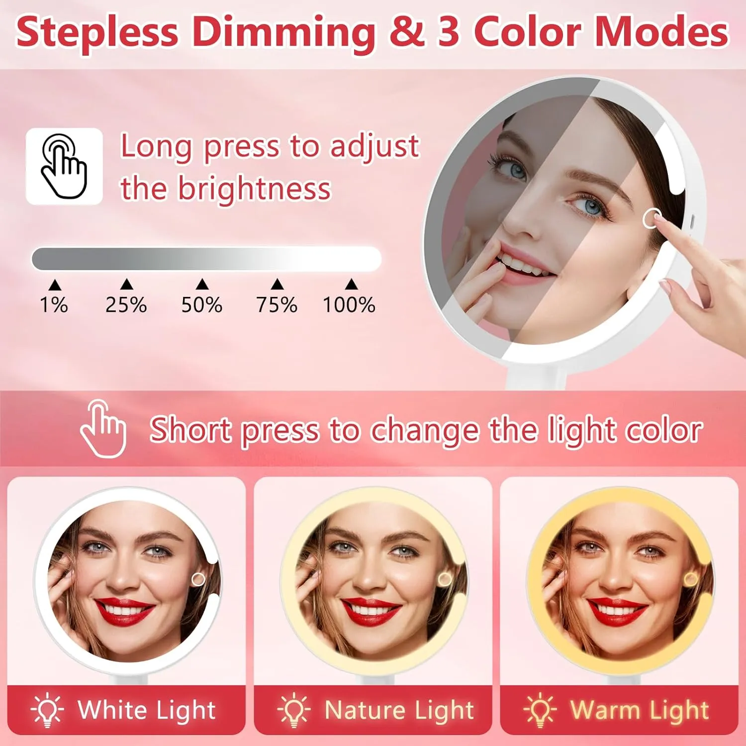 DECLUTTR Travel Makeup Mirror with Lights, Rechargeable Double-Sided 10X/1X Magnifying Mirror, 3 Color Lighting, Dimmable Touch Screen, White Handheld Mirror with Handle