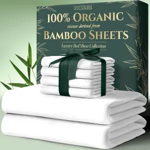 DECOLURE 100% Organic Viscose Derived from Bamboo Sheets Queen Size 6pcs - Ultra Soft & Luxuriously Cooling, 17" Deep Pocket, Double Stitching, Perfect for Hot Sleepers - Queen Bed Sheets (White)