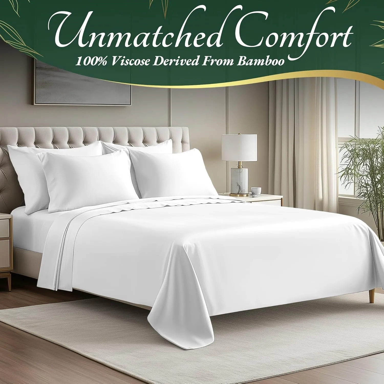 DECOLURE 100% Organic Viscose Derived from Bamboo Sheets Queen Size 6pcs - Ultra Soft & Luxuriously Cooling, 17" Deep Pocket, Double Stitching, Perfect for Hot Sleepers - Queen Bed Sheets (White)