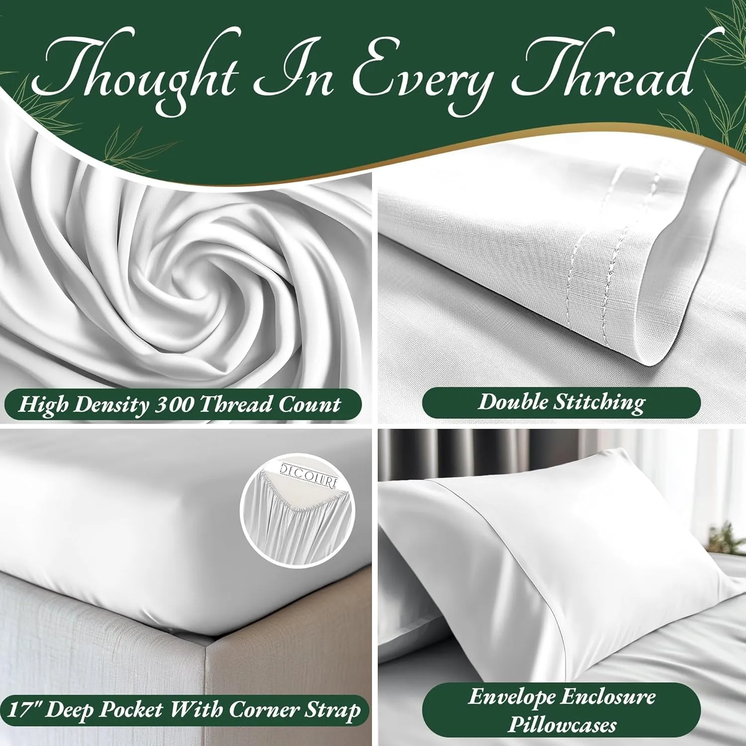 DECOLURE 100% Organic Viscose Derived from Bamboo Sheets Queen Size 6pcs - Ultra Soft & Luxuriously Cooling, 17" Deep Pocket, Double Stitching, Perfect for Hot Sleepers - Queen Bed Sheets (White)