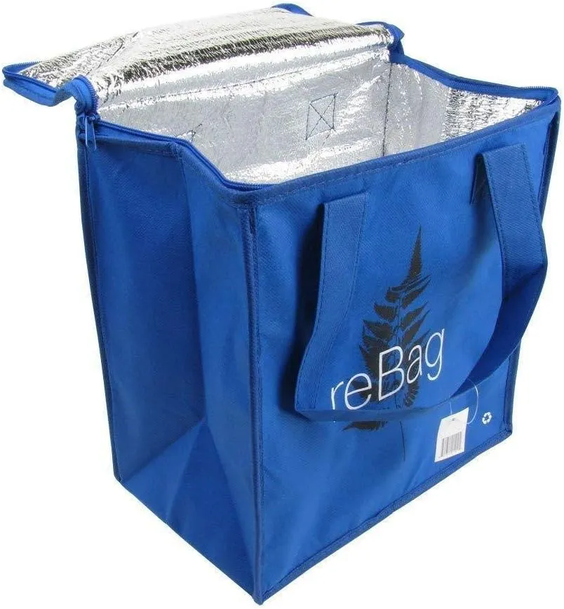 Decony 2 pack - Reusable Thermel Insulated Grocery shopping bags, zipped,tote, Warm Foldable Hot & Cold cooler bag, 70g Blue Non-Woven PP Foil Lined Flat Bottom Full Handle