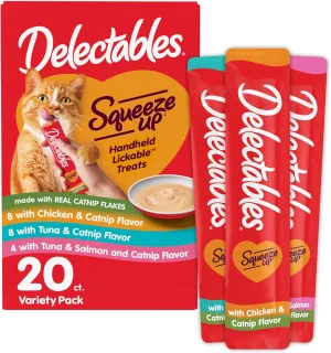 Delectables Squeeze Up Catnip Variety Pack, Creamy Squeezable Puree, Lickable Wet Cat Treats, Grain Free, No Added Fillers, No by-Products, No Added Preservatives, 0.5 Ounces Tube, 20 Tubes Total