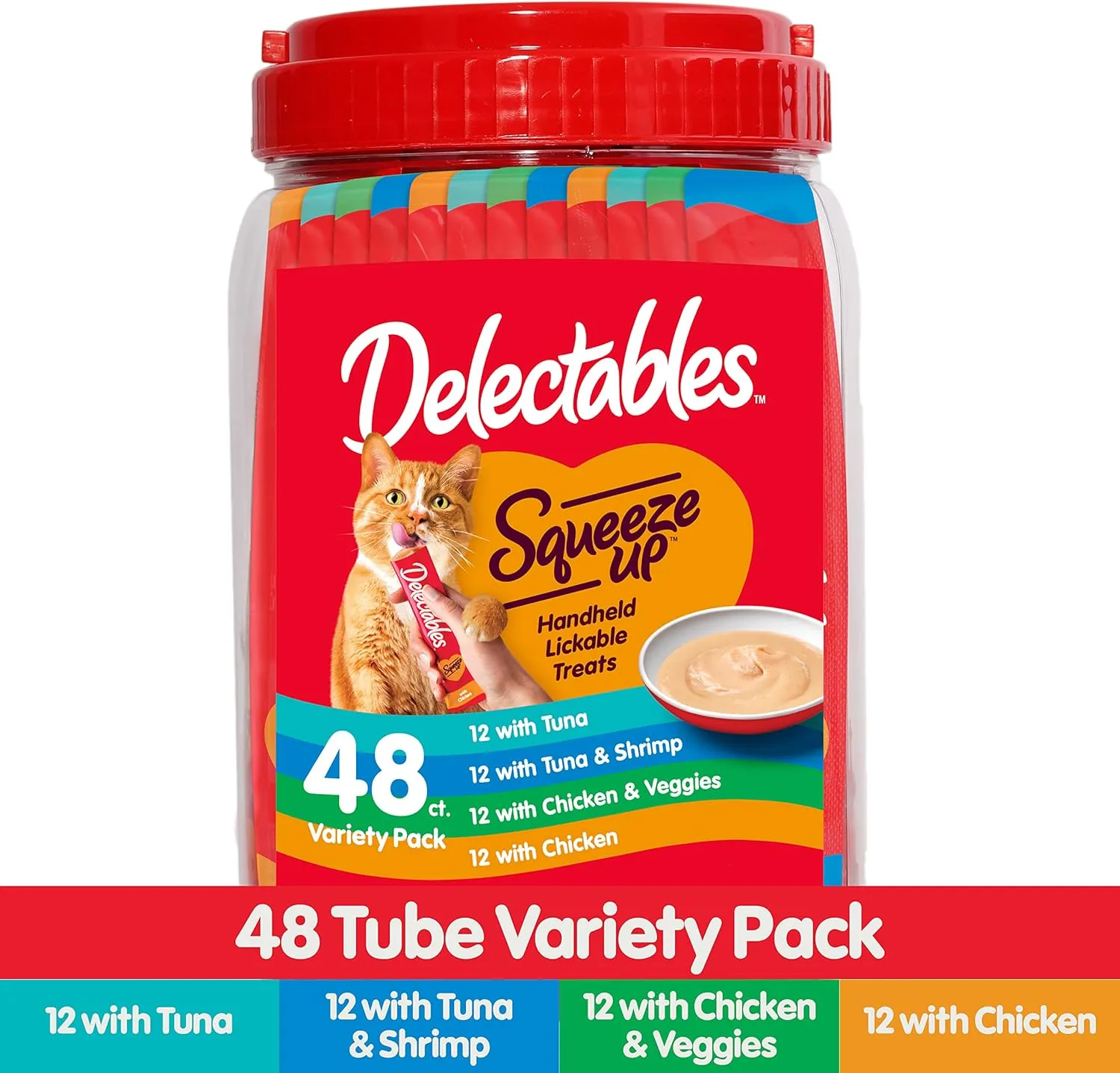 Delectables Squeeze Up Variety Pack, Creamy Squeezable Puree, Lickable Wet Cat Treats, Grain Free, No Added Fillers, No by-Products, No Added Preservatives, 0.5 Ounces Tube, 48 Tubes Total