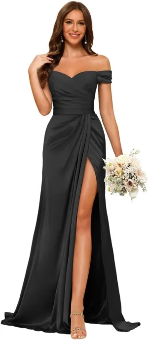 Dessiny Women's Off Shoulder Mermaid Bridesmaid Dresses 2025 with Slit Long Ruched Satin Prom Dresses DE201