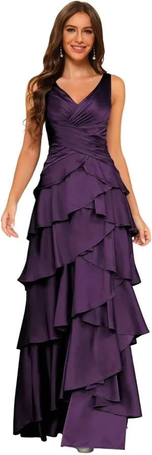 Dessiny Women's Ruffles Tiered Mermaid Bridesmaid Dresses 2025 V Neck Satin Formal Evening Dress Long DE266