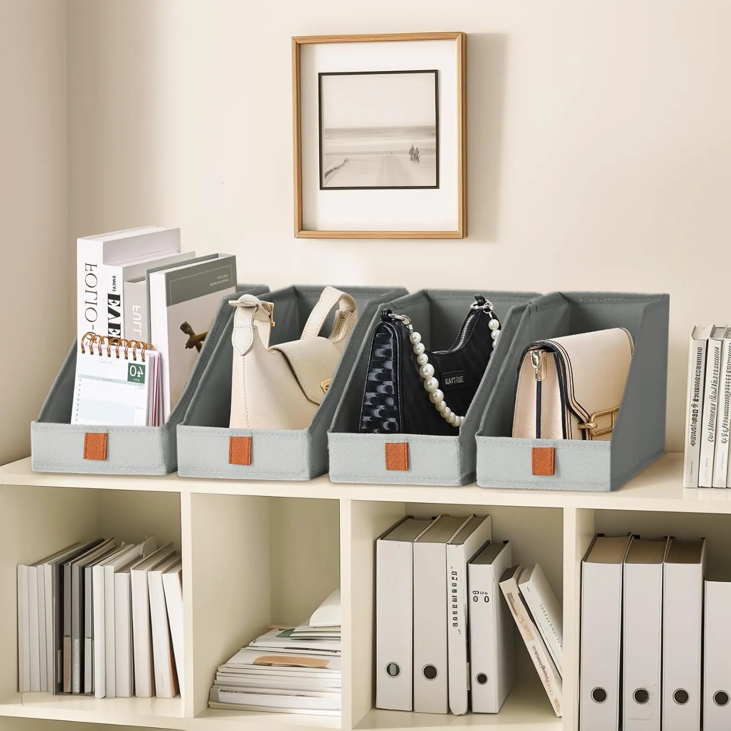 DIMJ Closet Organizers for Purses and Bag Storage, Small Storage Bins Foldable, Storage Baskets for Shelves, Wardrobe, Bedroom, Office - Fabric Cube Storage 4 Pack(Gray, 5.9 x 11.8 x 6.7 in)