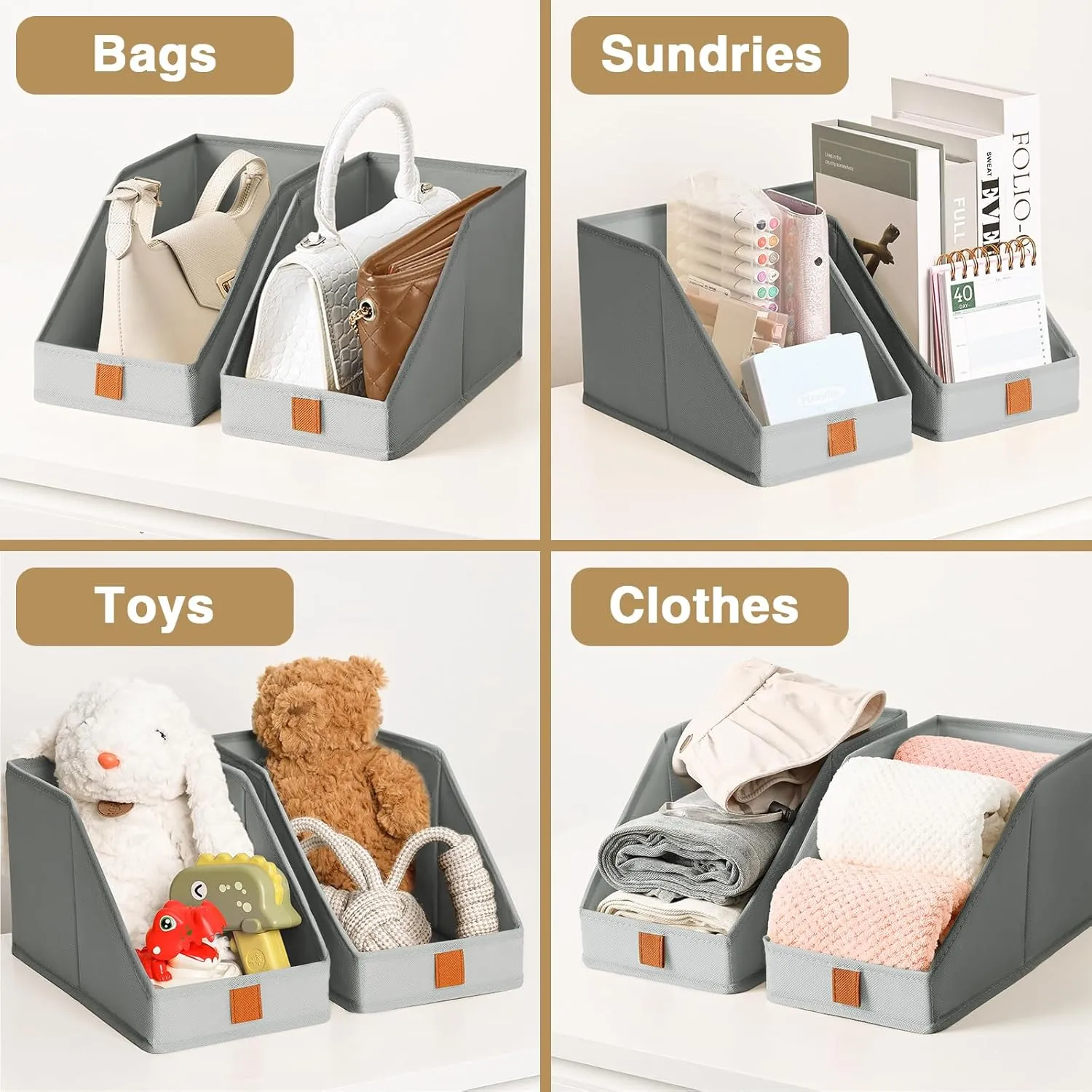 DIMJ Closet Organizers for Purses and Bag Storage, Small Storage Bins Foldable, Storage Baskets for Shelves, Wardrobe, Bedroom, Office - Fabric Cube Storage 4 Pack(Gray, 5.9 x 11.8 x 6.7 in)