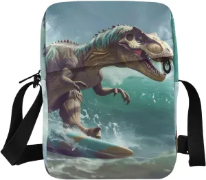Dinosaur Surfing Sling Bag Small Crossbody Purse with Adjustable Strap 6.6×2.5×9.4 IN