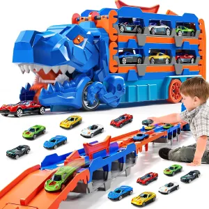 Dinosaur Transporter Truck Toy for 3 4 5 6 Years Old Boys - Kids Cars Tracks Suit with 12 Diecast Racing Cars, Transformed Dinosaur Carrier Vehicle with Handle, Gifts for Age 3-5 Boys Girls