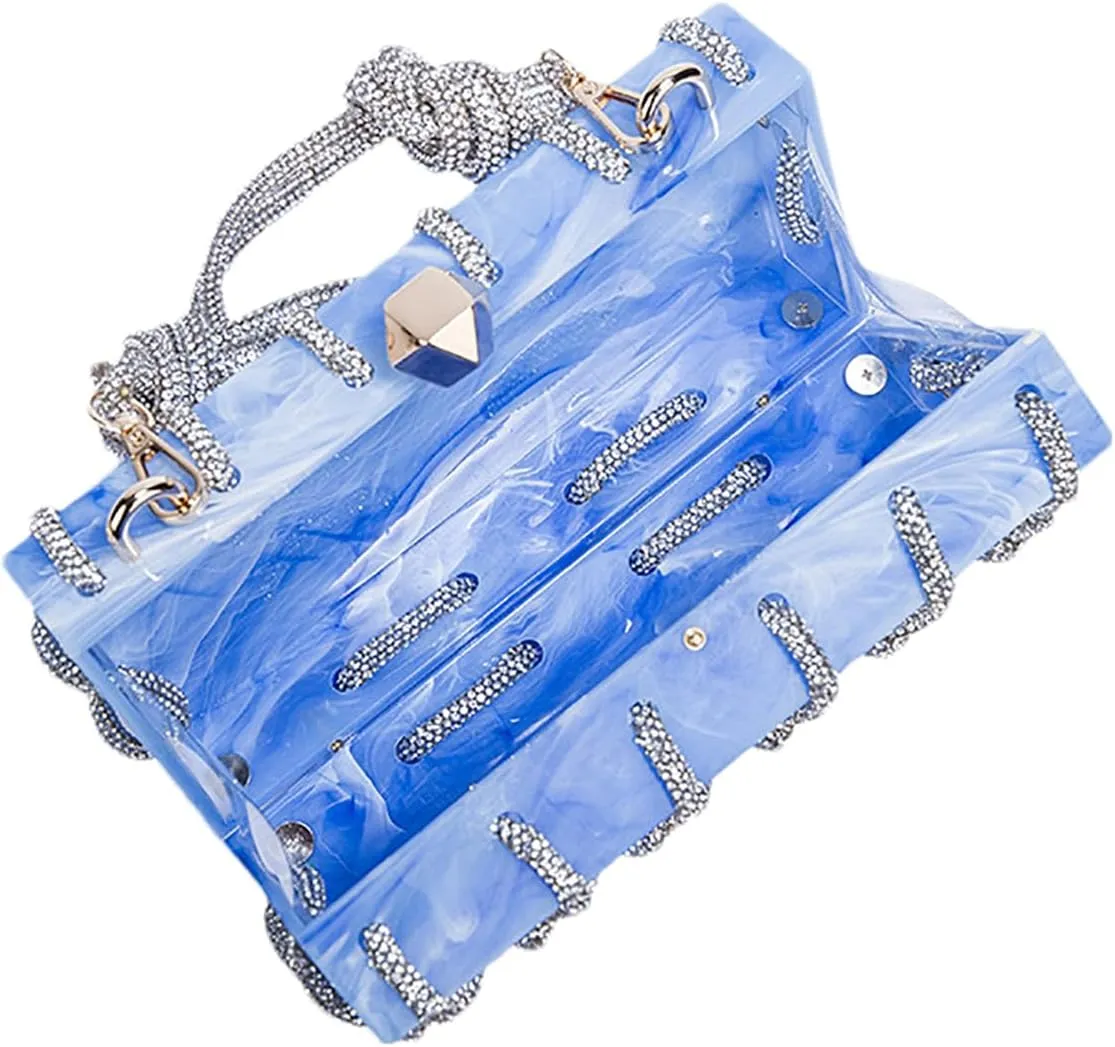 DJBM Clear Acrylic Clutch Sparkle Rhinestone Evening Bag Glitter Crystal-Embellished Rope Knot Handbag Purse for Party Prom