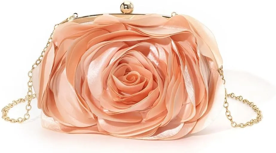 DJBM Women Cozy Satin Flower Clutch Evening Bag Unique Graceful Shouder Purse with Detachable Chain for Dinner Prom