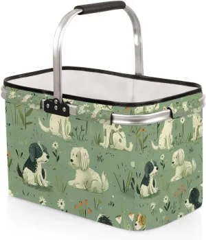 Dogs Grassland Picnic Basket Large Collapsible Market Basket with Handle Aluminum Frame Shopping Basket Foldable Portable Grocery Bags Laundry Basket for Travel Camping Picnic