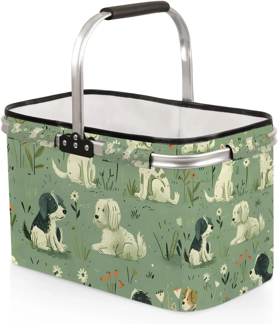 Dogs Grassland Picnic Basket Large Collapsible Market Basket with Handle Aluminum Frame Shopping Basket Foldable Portable Grocery Bags Laundry Basket for Travel Camping Picnic