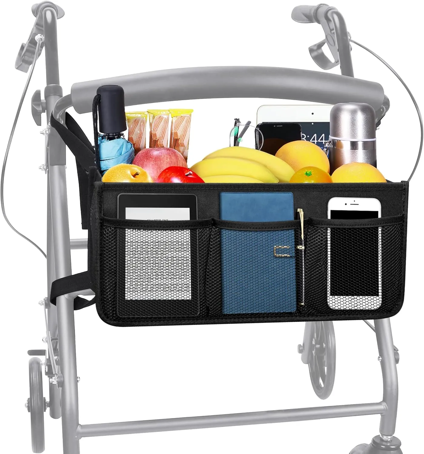 Dotday Rollator Basket with Cup Holder, Easy to Use Rollator Accessories Folding Storage Bag, Never Tipping Over