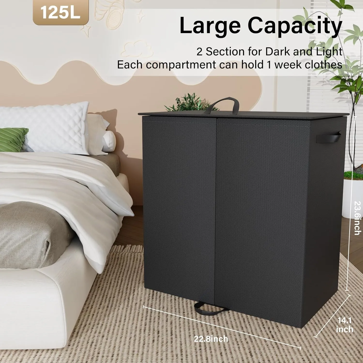 Double Laundry Hamper with Lid and 4 Removable Laundry Bags, Collapsible Laundry Hamper 2 Section Dirty Clothes Hamper with Handles for Laundry, Bedroom, Bathroom, Dorm, Black