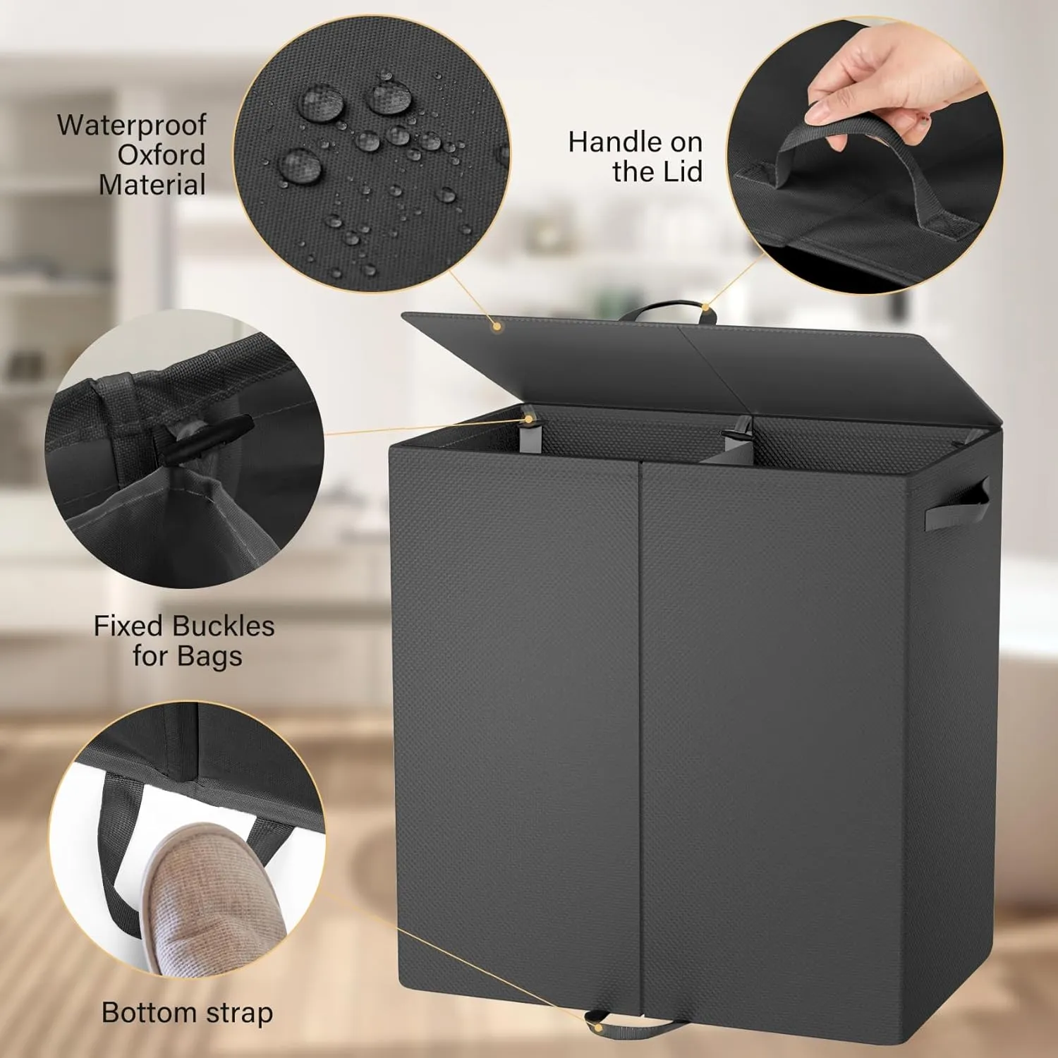 Double Laundry Hamper with Lid and 4 Removable Laundry Bags, Collapsible Laundry Hamper 2 Section Dirty Clothes Hamper with Handles for Laundry, Bedroom, Bathroom, Dorm, Black
