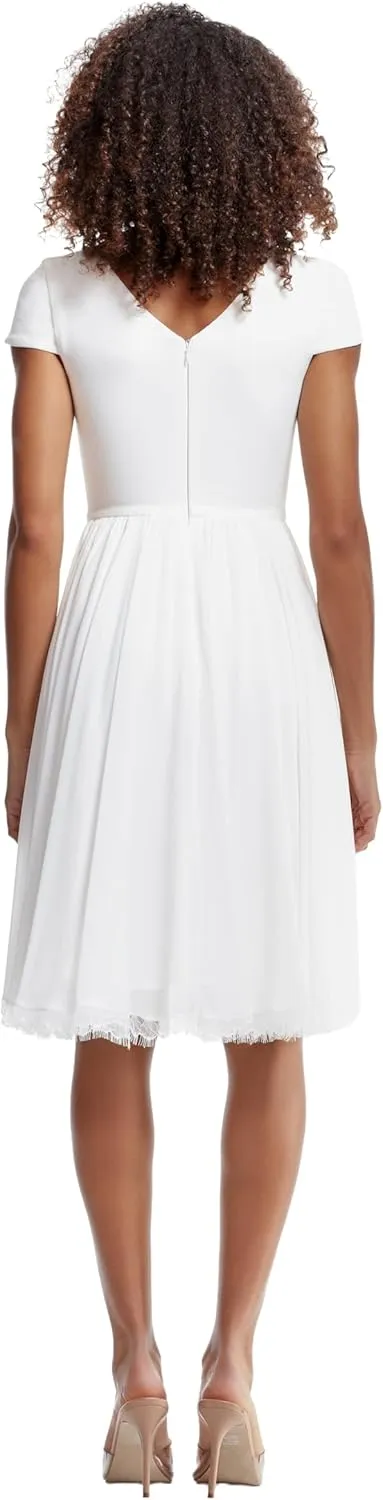 Dress the Population Women's Corey Plunging Mix Media Cap Sleeve A-line Midi Dress