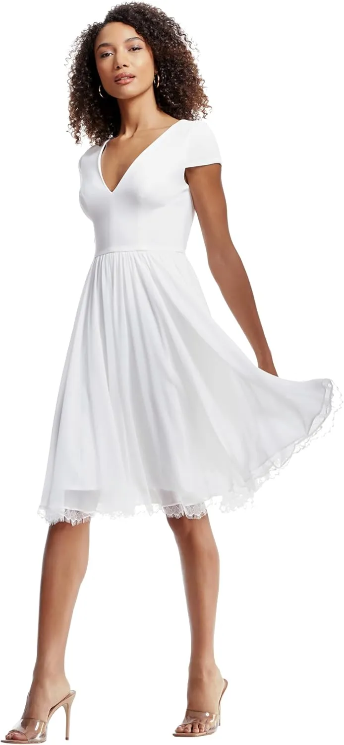 Dress the Population Women's Corey Plunging Mix Media Cap Sleeve A-line Midi Dress