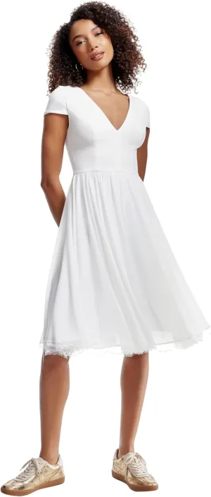 Dress the Population Women's Corey Plunging Mix Media Cap Sleeve A-line Midi Dress
