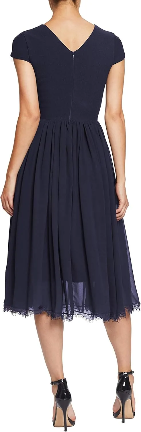 Dress the Population Women's Corey Plunging Mix Media Cap Sleeve A-line Midi Dress