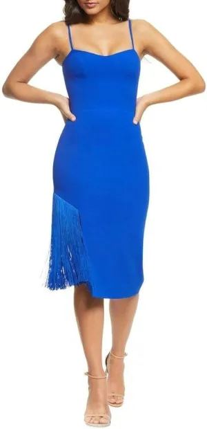 Dress the Population Women's Rory Sleeveless Stretch Midi Sheath Dress with Fringe