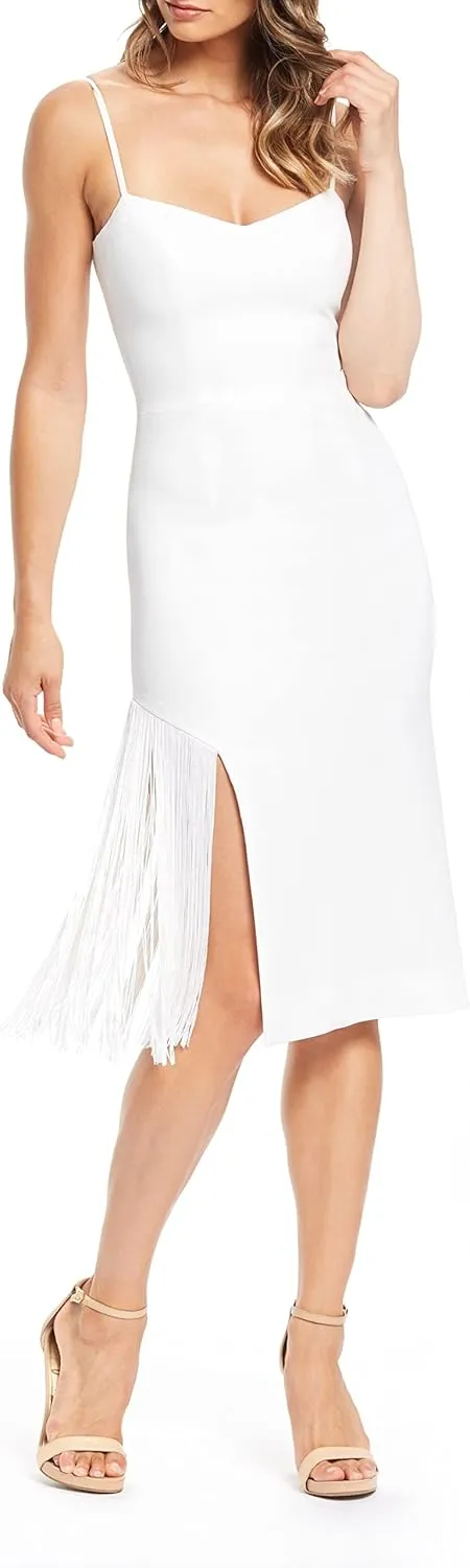 Dress the Population Women's Rory Sleeveless Stretch Midi Sheath Dress with Fringe