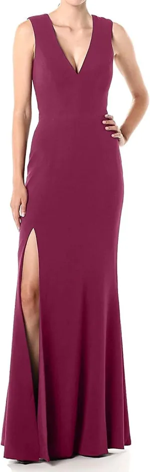 Dress the Population Women's Sandra Plunging Thick Strap Solid Gown with Slit Dress