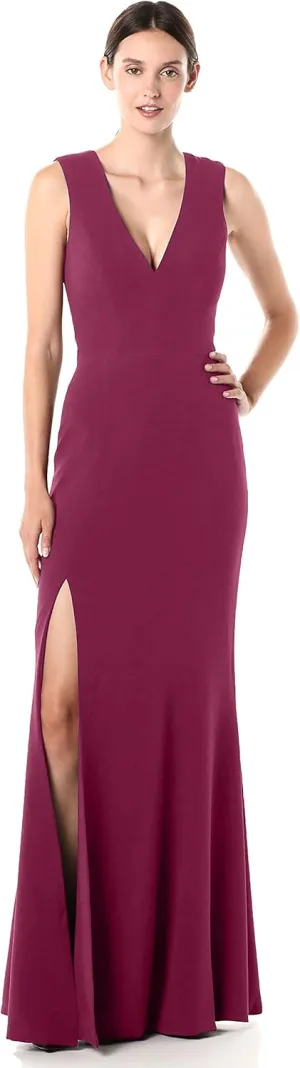 Dress the Population Women's Sandra Plunging Thick Strap Solid Gown with Slit Dress