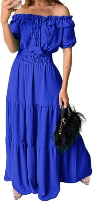 Dress with Puffed Sleeves Fashionable Lacing Halter Neckline Pure Color Large Skirt with Lotus Leaf Edge